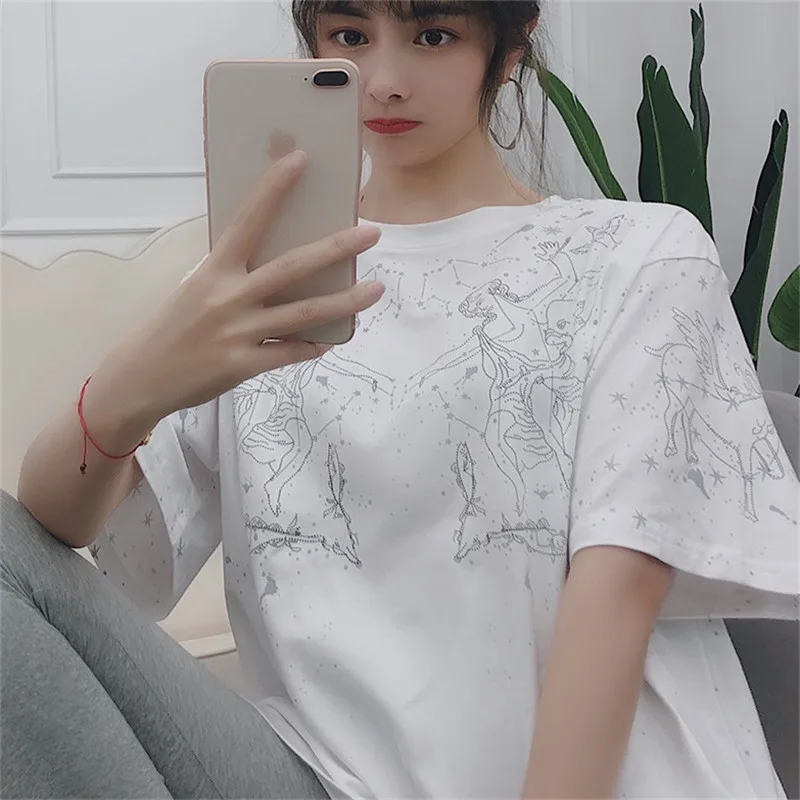 

Women's T-Shirt 2019 Summer Cotton Constellation Printing Round Neck Loose Short-Sleeved Shirt Women's Casual Fashion Shirt B1