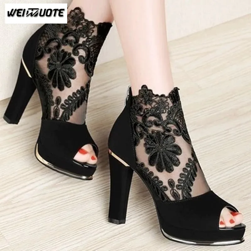 WEINUOTE Women Sandals New High-heeled Shoes Coarse Gauze Lace Fish Mouth Sexy Peep Toe | Обувь