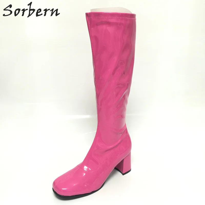 Fuchsia Shiny Sorbern/костюмы на Хэллоуин; женские сапоги до колена с квадратным носком; коллекция 1960 года; Сапоги GOGO в винтажном стиле; 60s 70 s; модные вечерние размера плюс - Цвет: Fuchsia Shiny