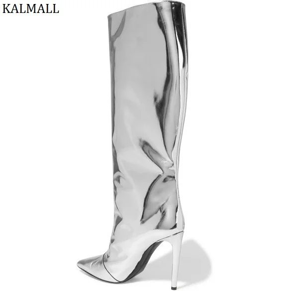 KALMALL/серебристые женские сапоги до колена из лакированной кожи высокие бедра на