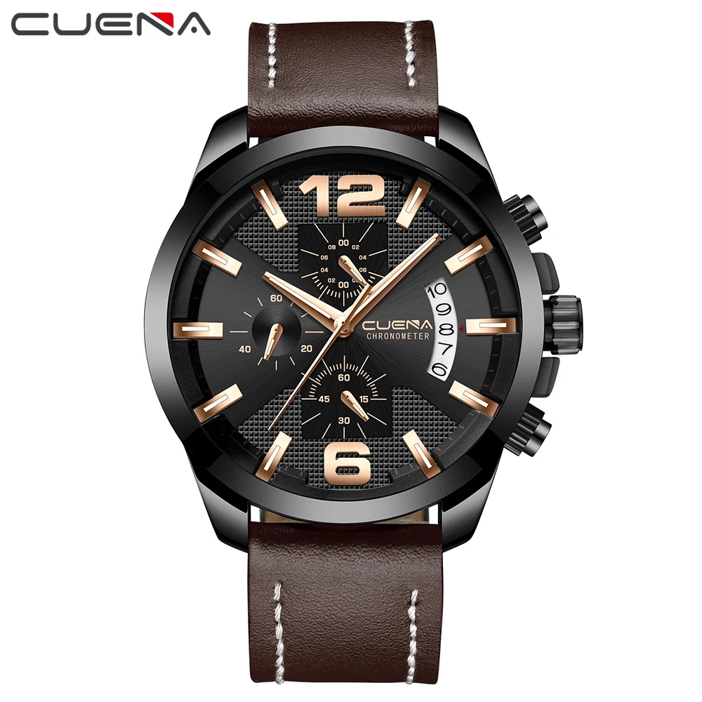 Часы наручные мужские кварцевые с хронографом и кожаным ремешком|Кварцевые часы|