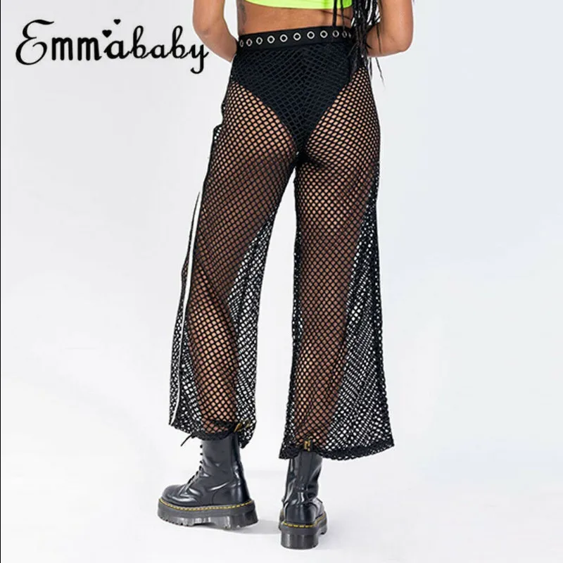 Женские открытые брюки с высокой талией прозрачные летние сетчатые длинные