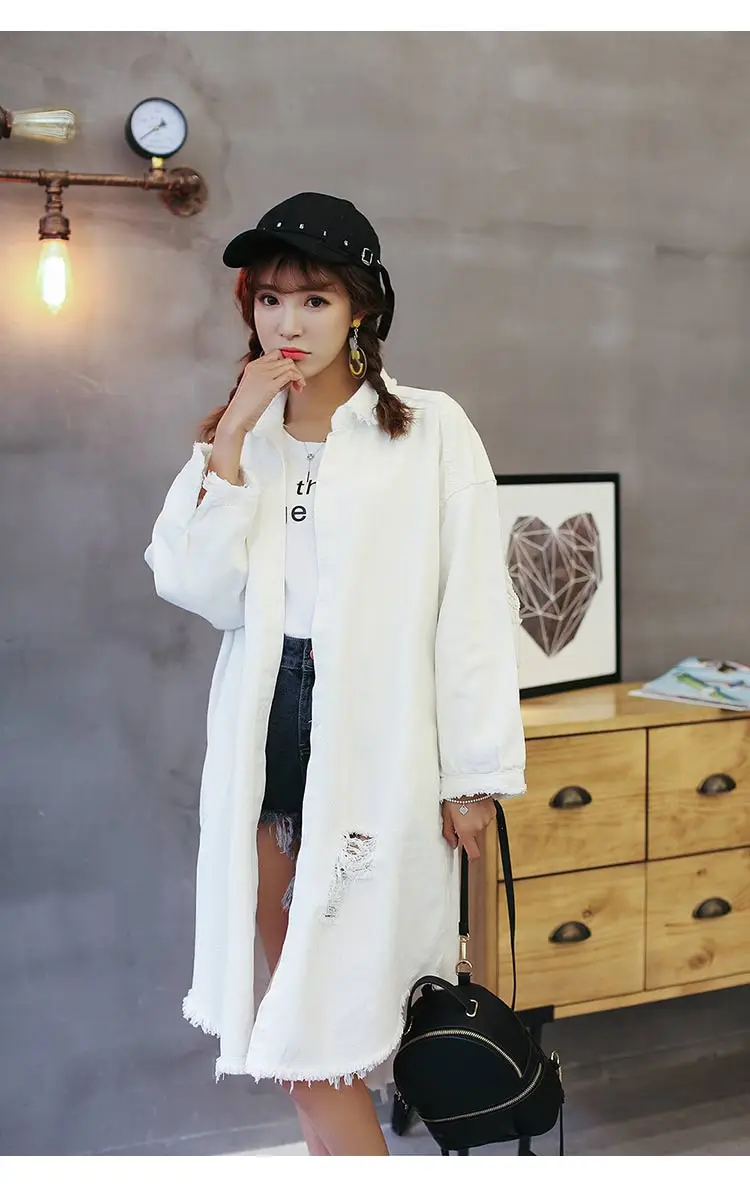 Корейское Новое 2017 осеннее белое длинное пальто женская джинсовая куртка с