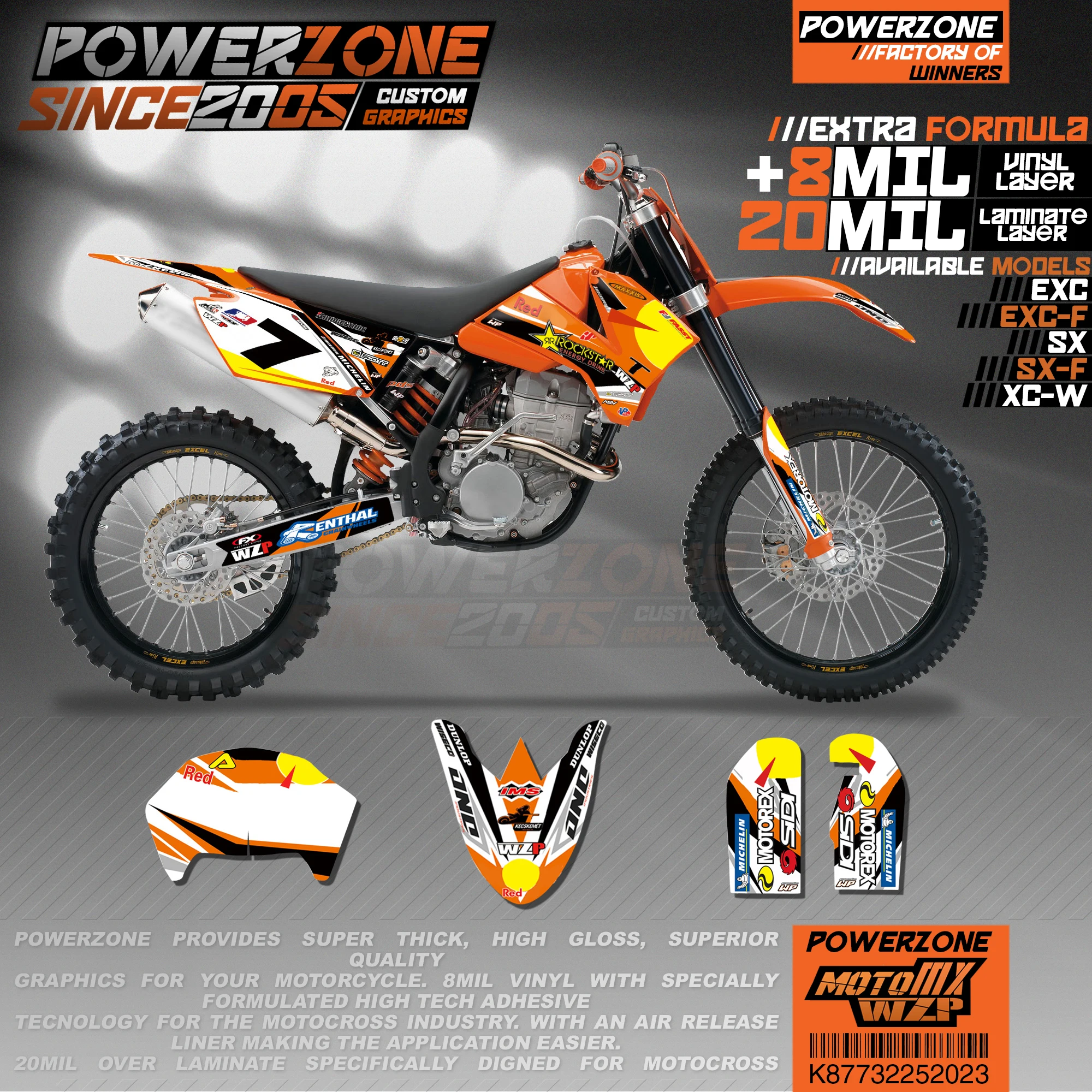 

PowerZone Custom Team Graphics Backgrounds Decals 3M Stickers Kit For KTM SX SXF MX EXC XCW Enduro 125cc to 500cc 2003-2007 023