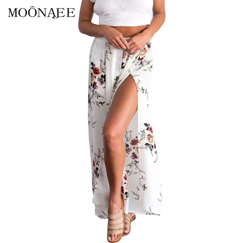 

2017 New Summer Fashion Side Split Loose Wide Leg Pants Trousers for women Flower Printing Casual Chiffon Long Pants Capris