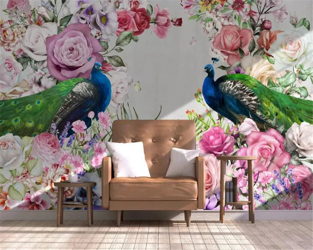 Виниловые обои beibehang с изображением павлинов и цветов современное искусство