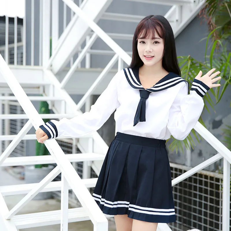 

Girls Japanese School Sailor Uniform Long Short Sleeve Classic Navy Sailor School Uniforms High School Outfit Suit U015