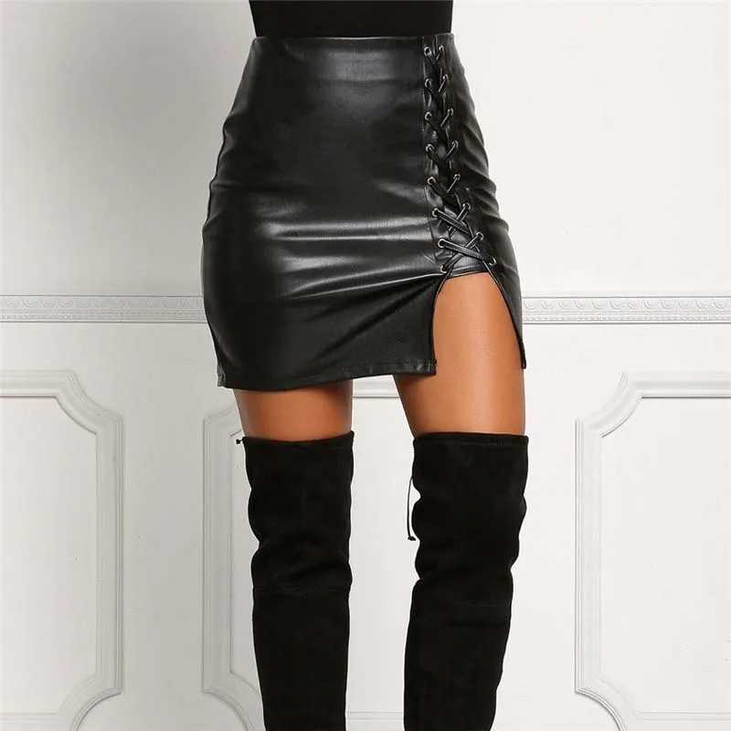 Women Lace Up PU Leather Skirt Autumn Side Split Pencil Skirts Sexy Bodycon Mini | Женская одежда