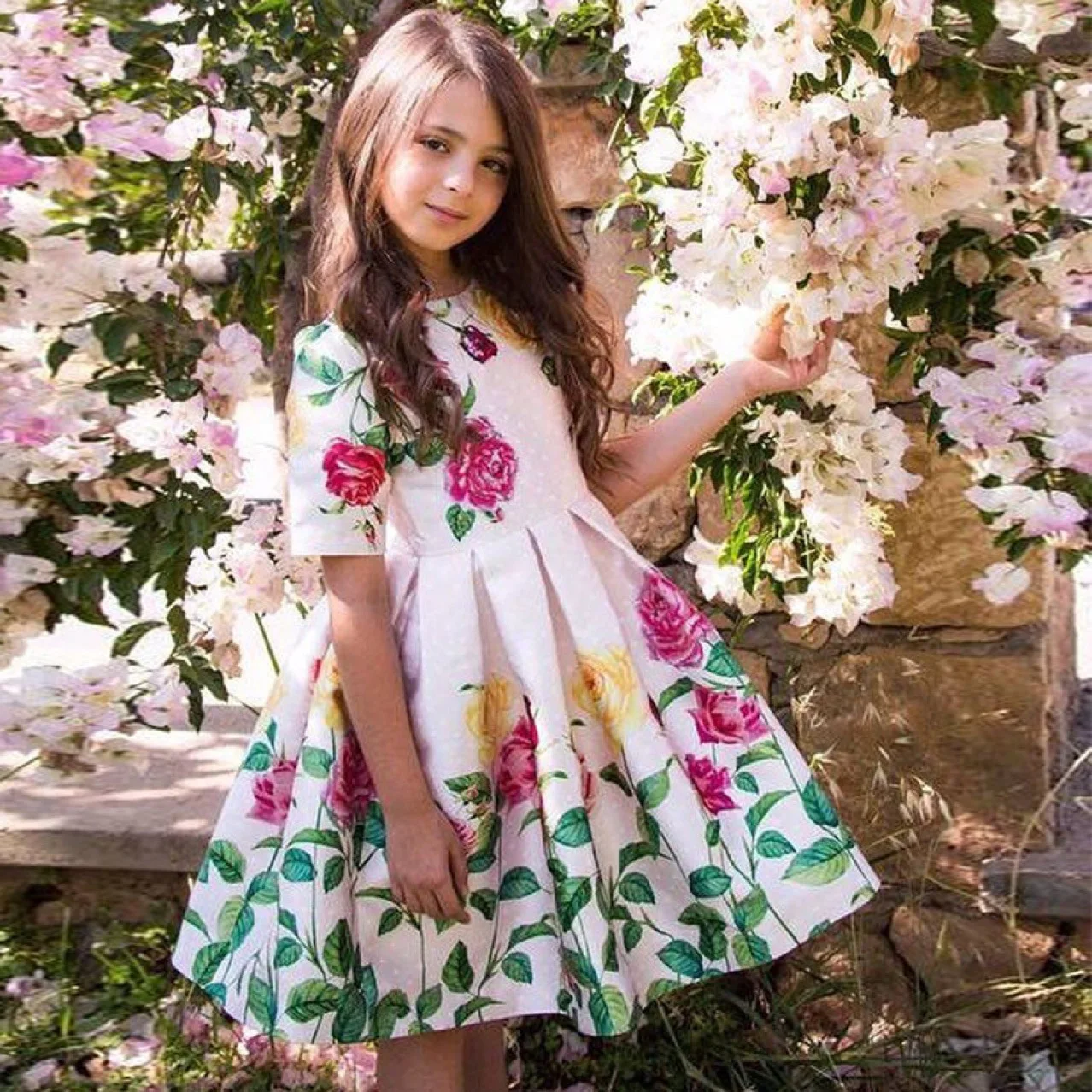 2019 Spring Autumn New Pretty Girl Dress Flower Pleated Satin Short-sleeved Print Dresses Girls Children Party | Детская одежда и