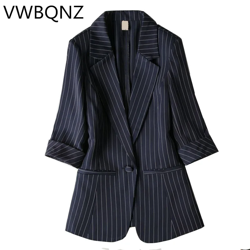 

Single buckle Striped Women Blazer Spring Seven-quarter sleeve Jackets Female Suits Coat Slim Work Feminino Outerwear Plus size