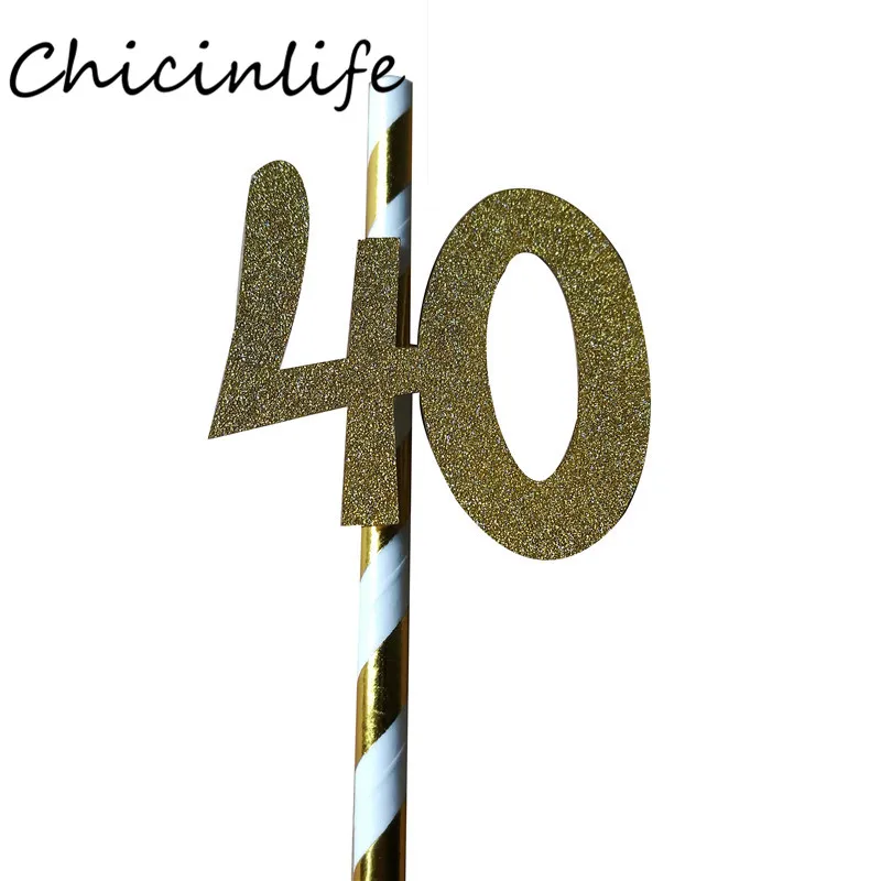 Chicinlife 10 шт. бумажная соломинка с номером 30 40 50 60 соломинка для напитков на день рождения/свадьбу юбилей день рождения украшения - Цвет: gold 40