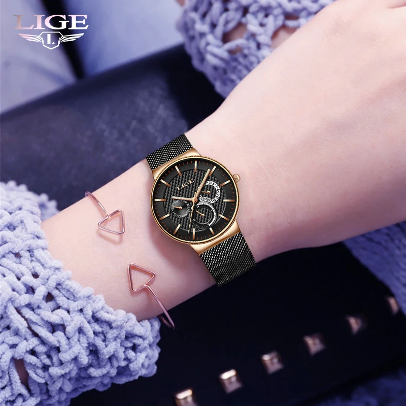 Часы наручные LIGE женские из нержавеющей стали ультратонкие водонепроницаемые