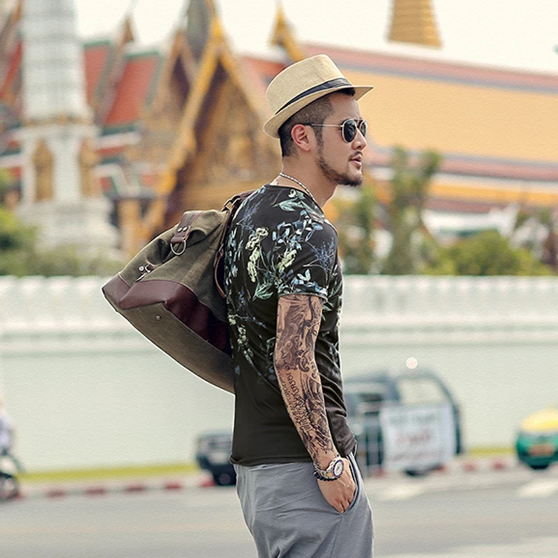 Мужская хлопковая футболка с короткими рукавами летняя Приталенная цветочным