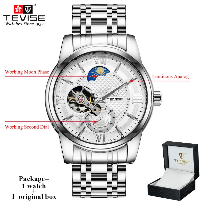 silver with box TEVISE самовзводные автоматические часы для мужчин механические мужские часы с фазой Луны светящиеся руки деловые наручные часы Relogio Masculino - Цвет: silver with box