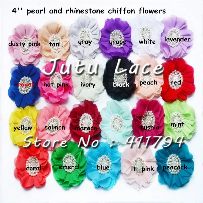 120 pcs / lot , 4   shabby  chiffon flowers with rhinestone for headband 23 colors