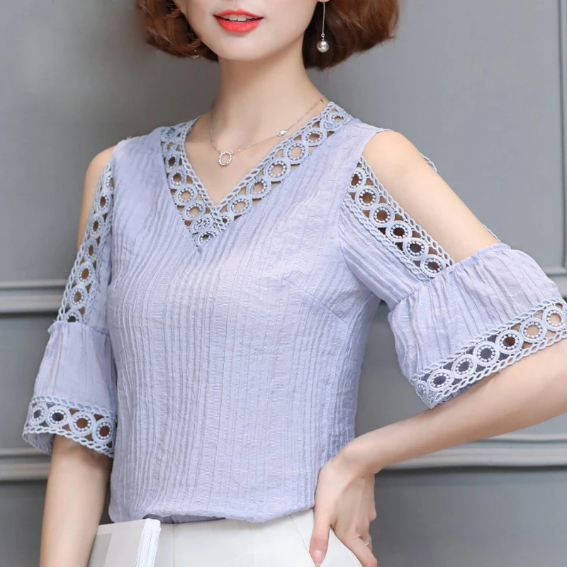 

Summer Fashion Elegant Women Blouses Hollow Out Open Shoulder Tops for Female V-Neck Chiffon Blouse Feminine Shirts