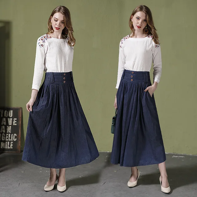 Женская летняя хлопчатобумажная юбка из денима с завышенной талией и карманами