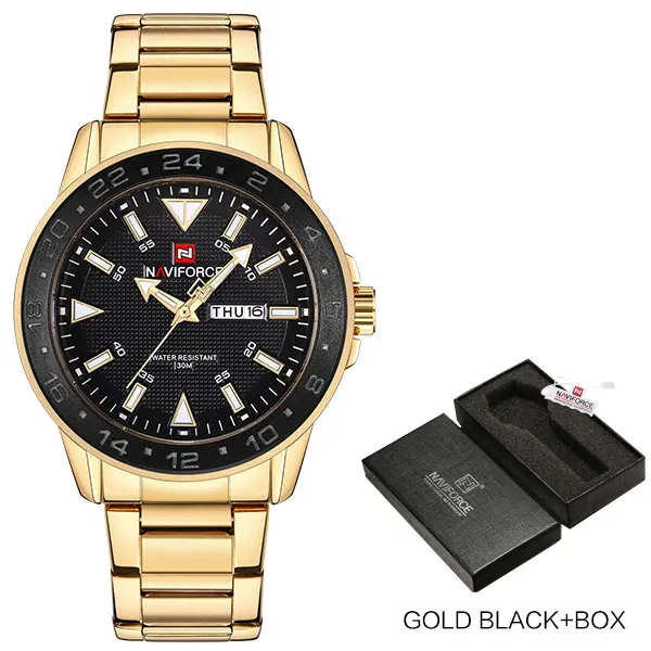 gold-blackbox Новое поступление, кварцевые часы бренда NAVIFORCE, мужские спортивные часы из нержавеющей стали, водонепроницаемые наручные часы с автоматическим календарем, подарочные часы - Цвет: gold-blackbox