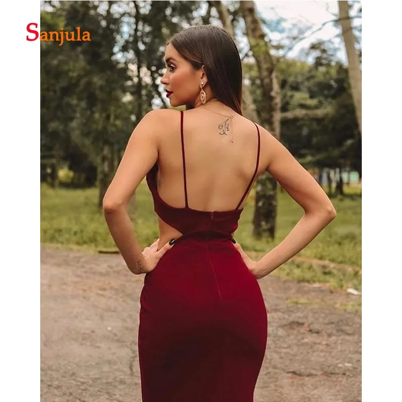 Бордовые Вечерние платья на бретелях с v образным вырезом Простые Длинные темно