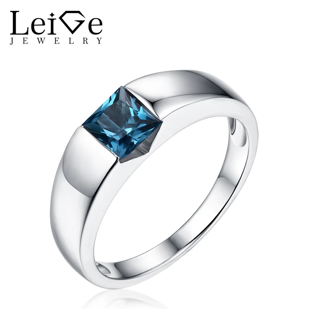 

Leige Jewelry Solitaire Gemstone Ring Silver 925 Bezel Setting London Blue Topaz Rings for Women Wedding Anniversary Gift