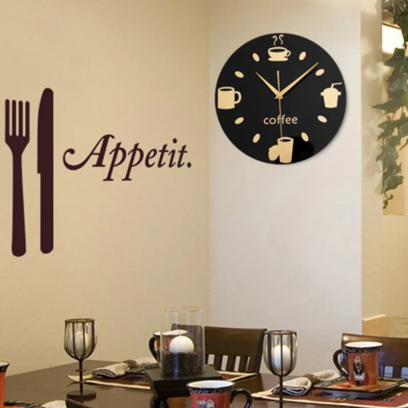 Зеркальные настенные часы 3D Coffee Cup Tableware размером 12 дюймов без звука для кухни, офиса и гостиной декор.