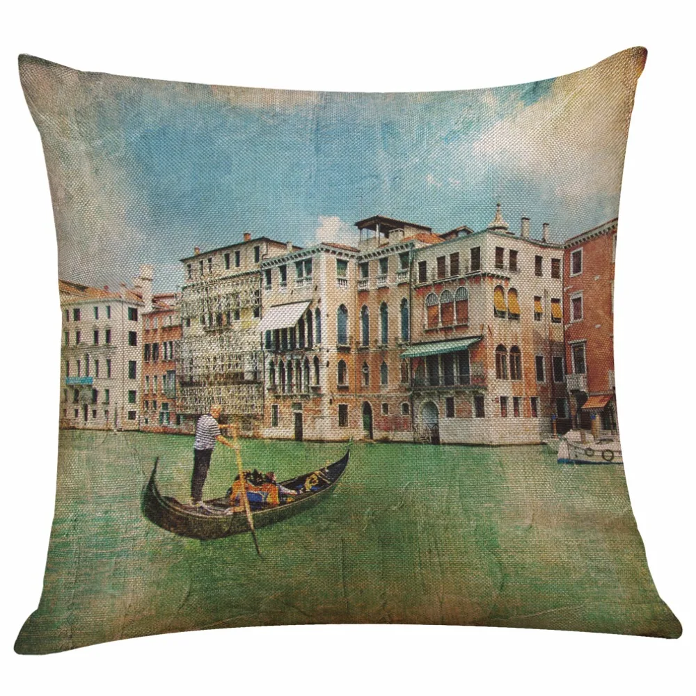 Наволочка Подушка винтажная Венеция город на воде наволочка из полиэстера и льна