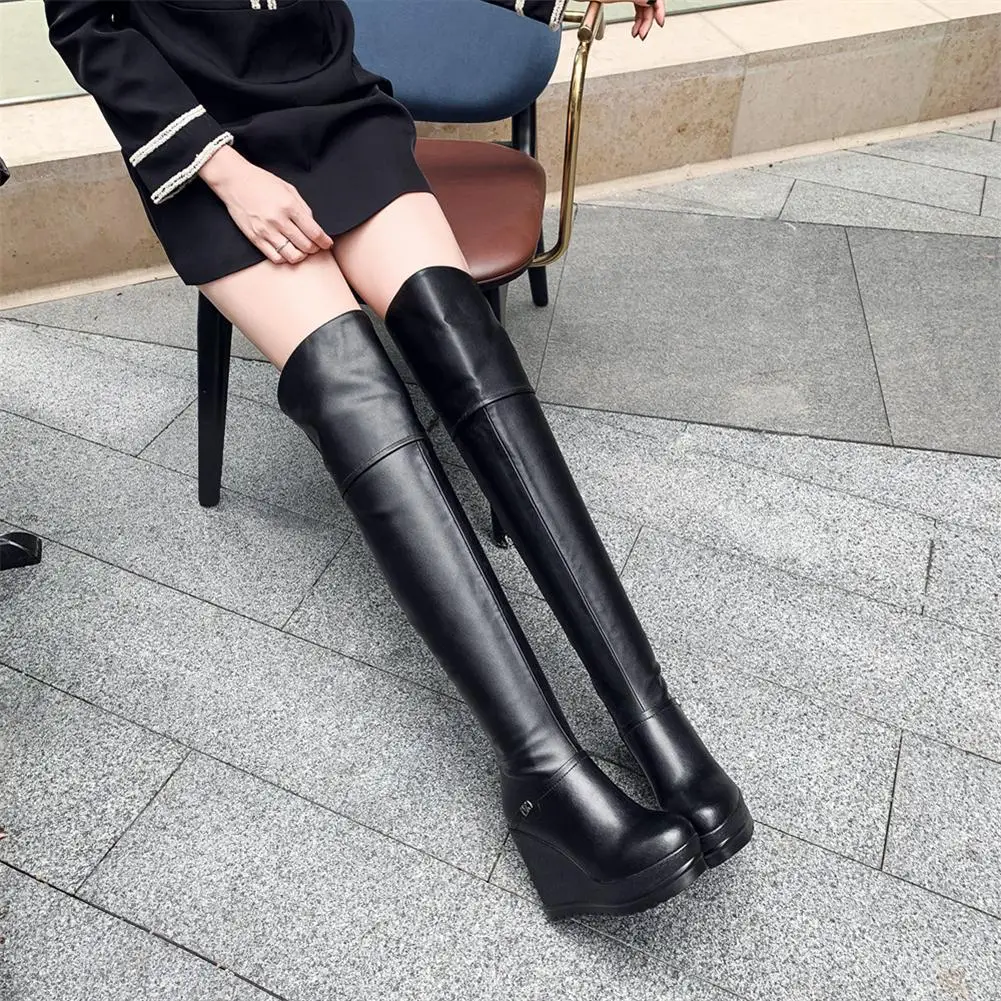 genuine cow leather fashion hot sale wedge high heels over the knee winter boots woman shoes women black shoes woman boots
