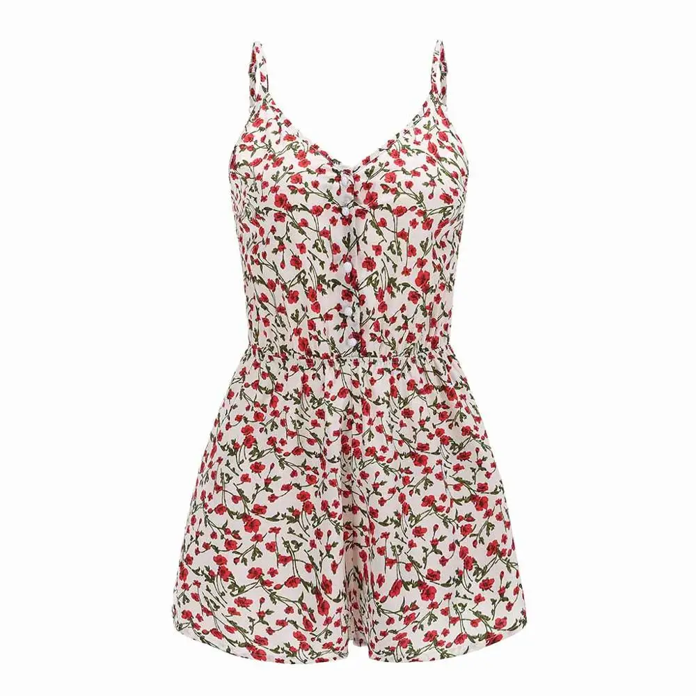 Модный женский мини комбинезон с цветочным принтом открытыми плечами из