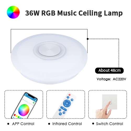 Светодиодный потолочный светильник, Bluetooth, RGB, умная музыкальная лампа с регулируемой яркостью, AC 220 В, 240 в, для гостиной, домашнего декора, вечерние, 36 Вт, 40 Вт, приложение, дистанционное управление - Цвет корпуса: RGB-RT-BT-APP 48cm