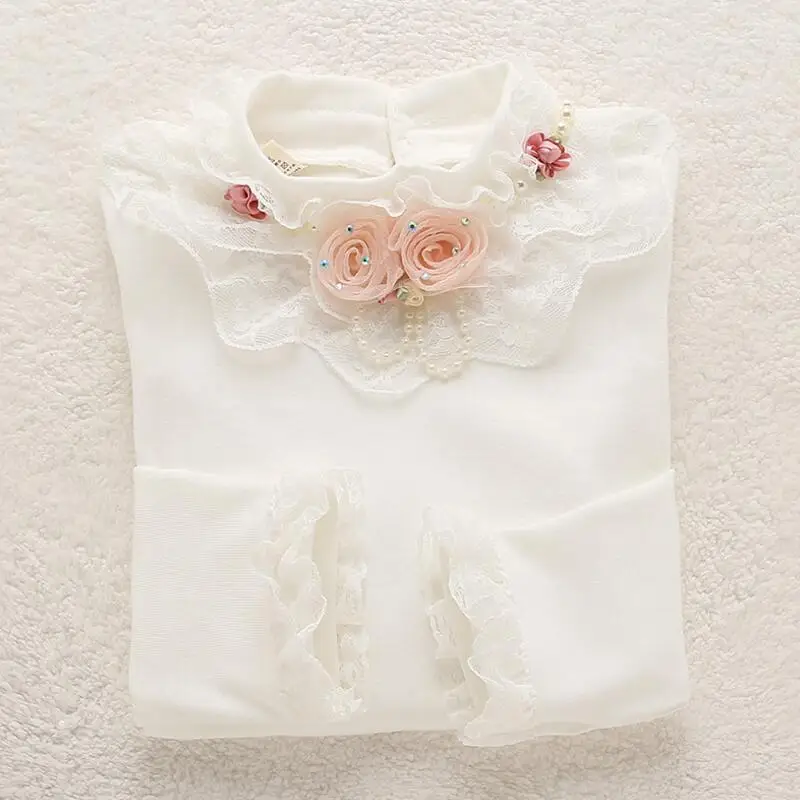 white two flower Школьные рубашки для девочек-подростков; сезон осень-зима-весна детские кружевные топы и блузки с длинными рукавами и цветочным рисунком для девочек одежда для малышей; JW2623A - Цвет: white two flower