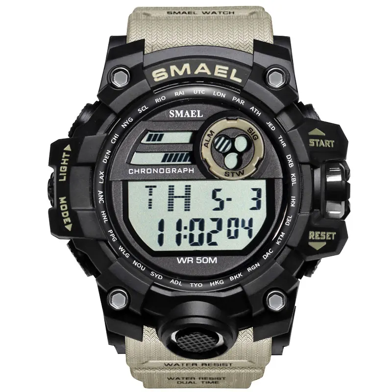 Khaki Мужские часы спортивные военные SMAEL S Shock Relojes Hombre повседневные светодиодный цифровые наручные часы водонепроницаемые 1545D спортивные часы с будильником - Цвет: Khaki