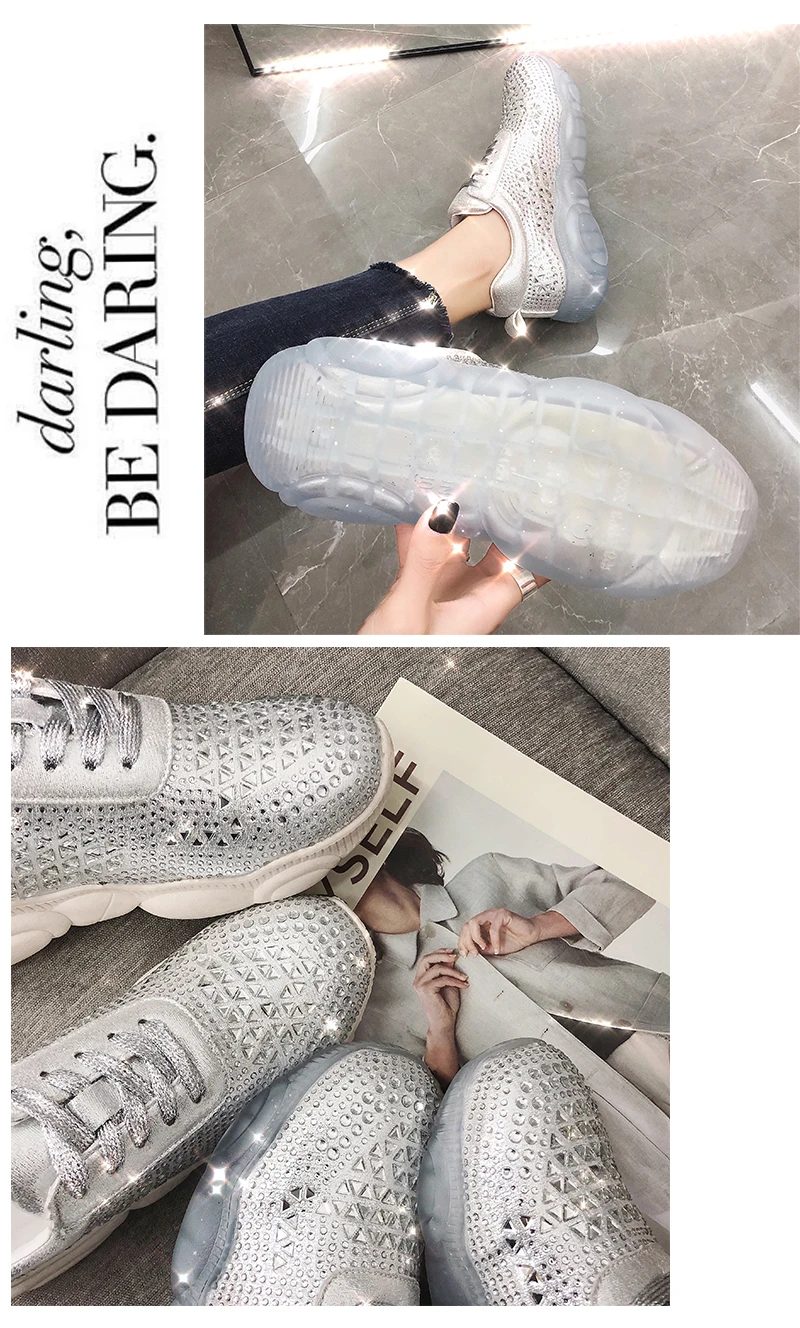 Повседневное обувь Bling Для женщин zapato de mujer кристаллы белые кроссовки на платформе без застежки; chaussures femme со стразами, из натуральной кожи; модная обувь