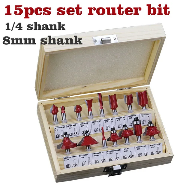 WSFS 15 шт./компл. деревообрабатывающие фрезы Концевая фреза 8 мм хвостовик Карбид фрезы для резки древесины гравировальный режущий инструмент с деревянной коробкой