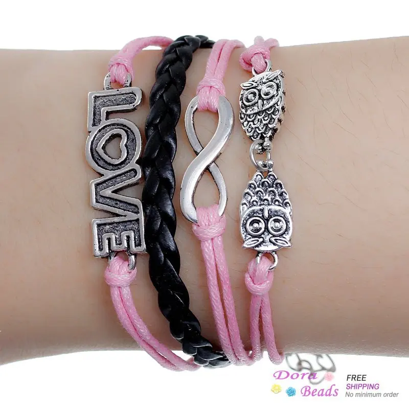 Braiding Leatheroid Wax Rope Bracelets Pink&ampBlack Antique Silver Infinity Symbol Owl Halloween Love Findings 18cm (C00777) | Украшения и