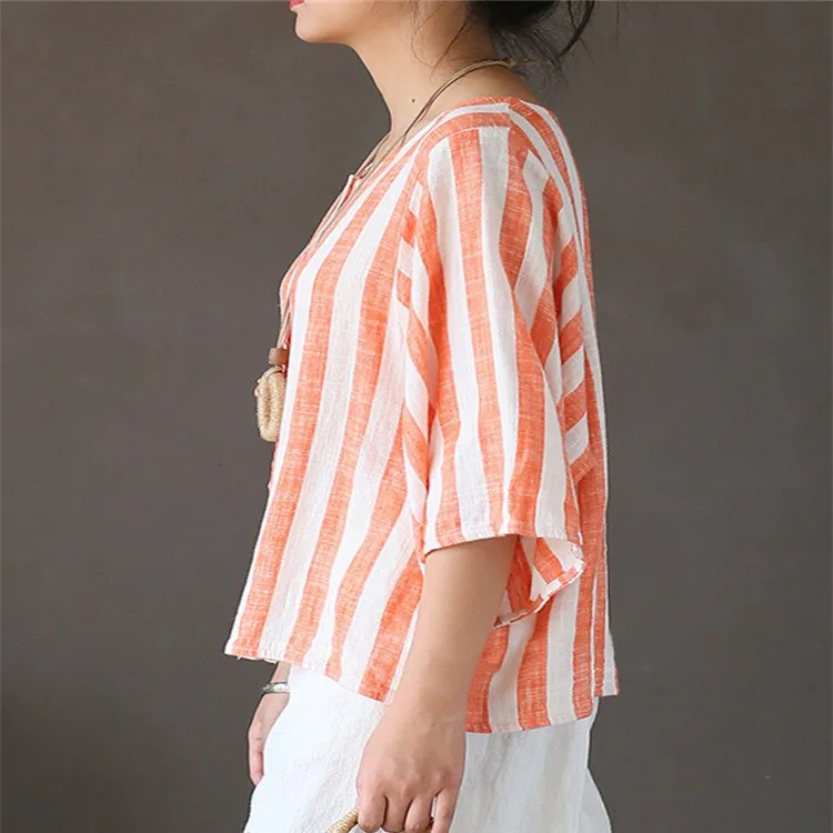 2019 Summer Women Vintage O-Neck Cotton Linen Striped Blouses Three Quarter Casual Button Loose Shirt Seven Sleeve Tops |