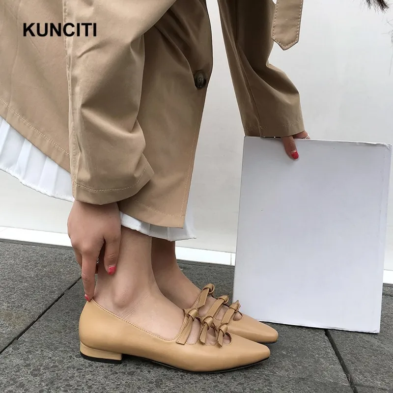 KUNCITI/ балетки на плоской подошве новые кожаные тонкие туфли с квадратным носком и бантом женские мокасины из натуральной кожи высокого качества; F9134