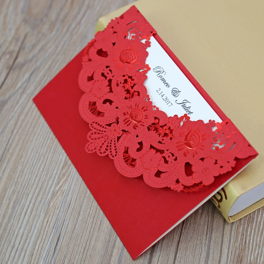 100 шт Новое поступление Горизонтальное лазерное вырезное приглашение с красной