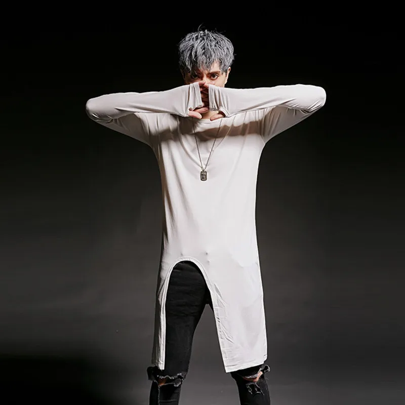 Мужские необычного дизайна длинная футболка для ночного клуба в стиле панк хип