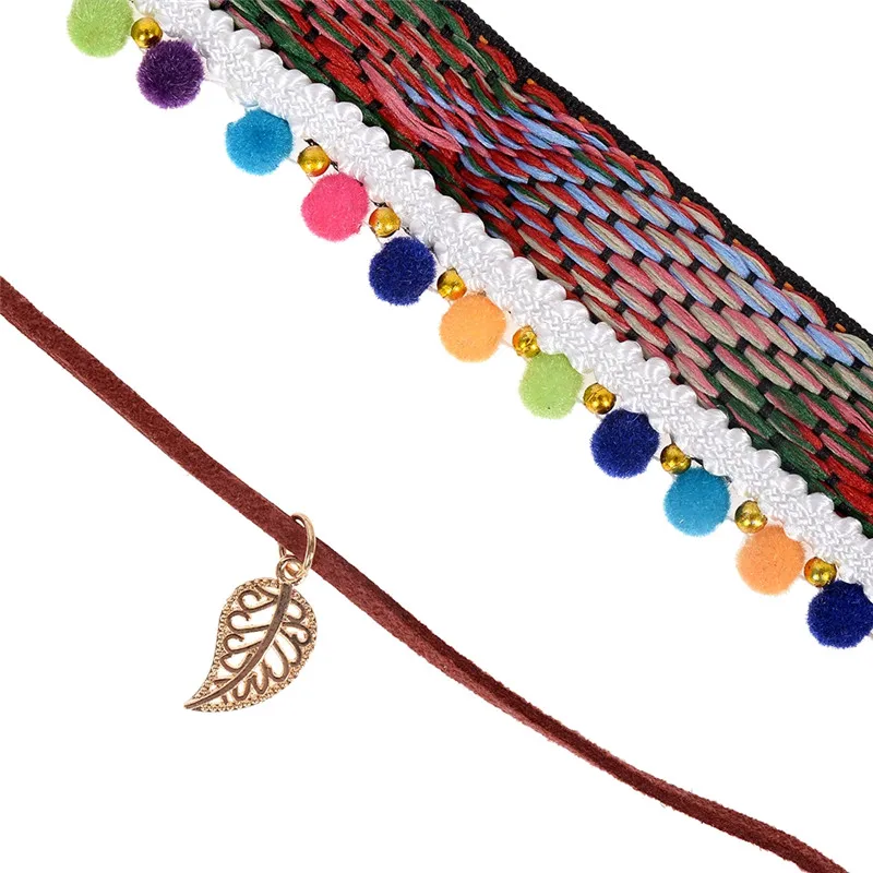 2017 Bohemia Handmade Braided Rope Choker Necklace For Women Charm Pom Ball Leaf pendant Statement | Украшения и аксессуары