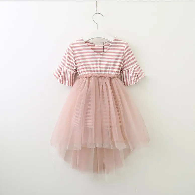 2018 Children Cotton Striped Flare Sleeve Mesh Dresses Girls Princess Cute Dress 5 pcs/lot Wholesale | Детская одежда и обувь