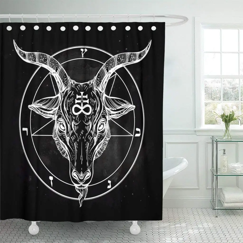 Cortina de chuveiro com pentagrama, tronco de cabra satânico, símbolo duplo, tatuagem, música retrô para motociclista, verão
