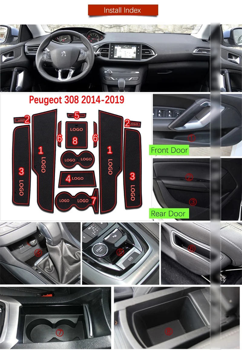 Противоскользящий резиновый коврик для ворот Peugeot 308 T9 2014 2015 2016 2017 2018 2019