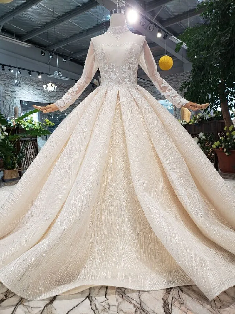 Женское свадебное платье со шлейфом SSYFashion роскошное с длинным рукавом