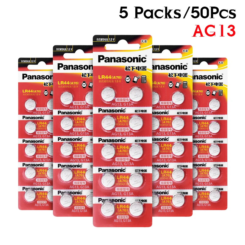 Panasonic 50 шт. 1,5 V A76 AG13 G13A LR44 LR1154 357A SR44 кнопочная ячейка Батарея lr44 Литиевые Батарейки-таблетки