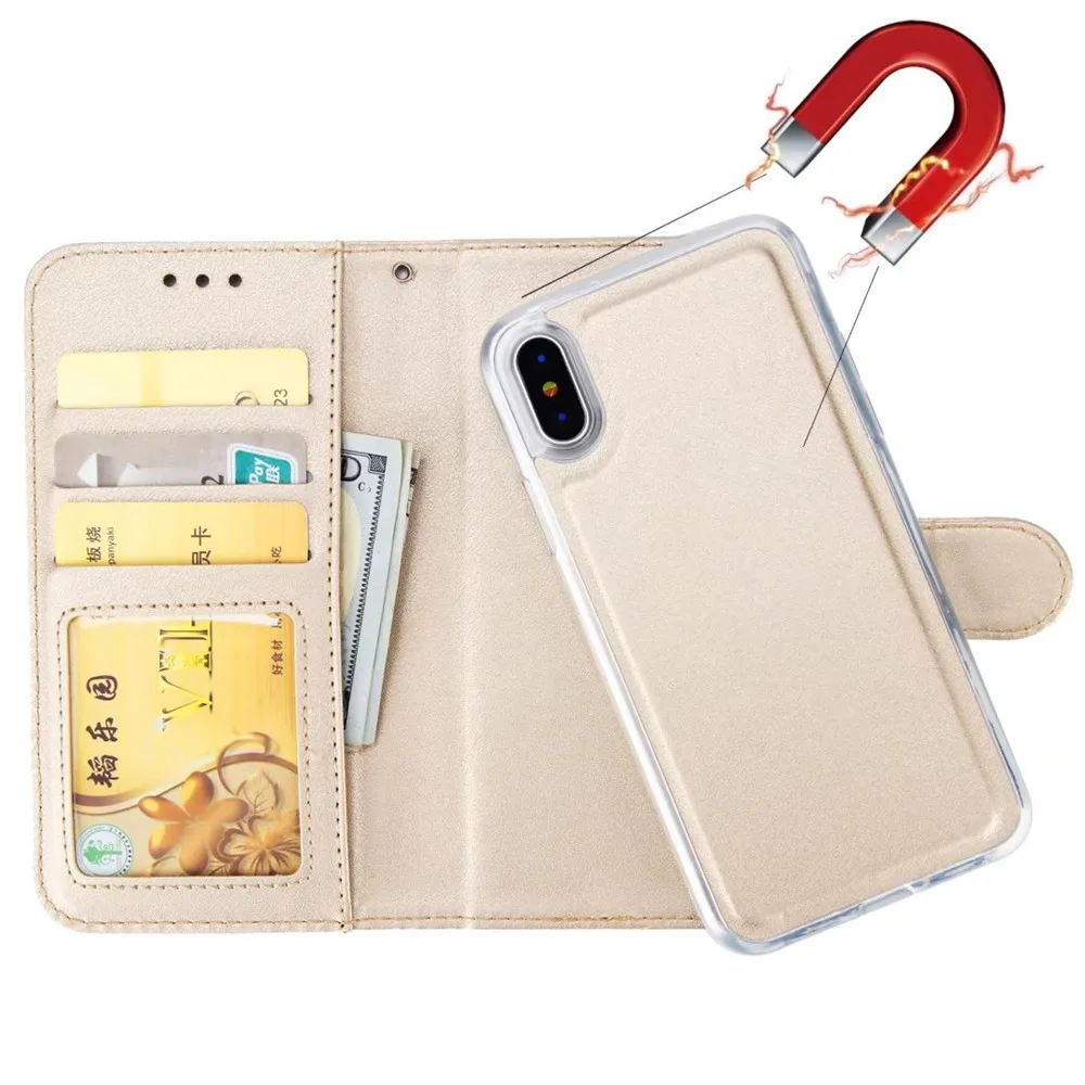 2 в 1 чехол-кошелек для iPhone 7 Plus 8 7 6 6 S 5S XR 11 Pro съемный кожаный чехол для iPhone XS Max чехол для телефона Магнитный EEMIA - Цвет: Gold