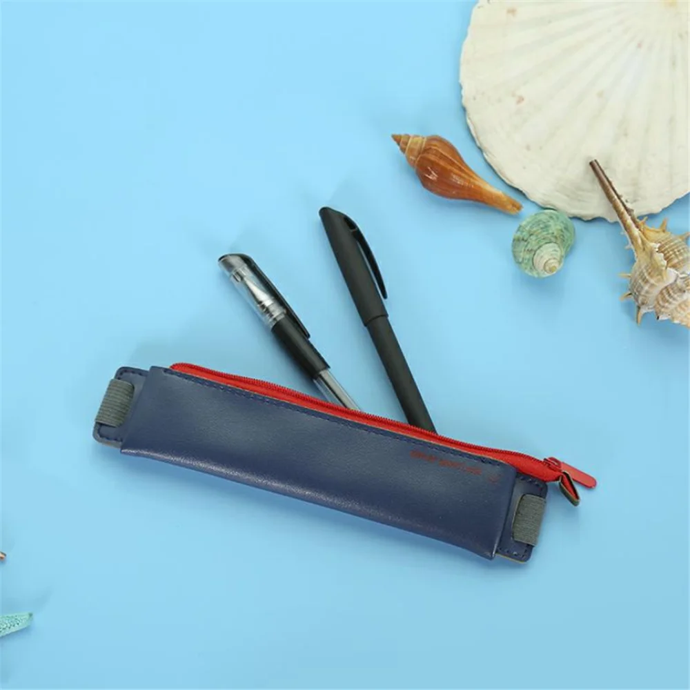 navy blue 1 шт. мини-сумка из искусственной кожи, экологически чистый эластичный чехол-карандаш с пряжкой, портативный блокнот, держатель для ручек, канцелярские принадлежности - Цвет: navy blue