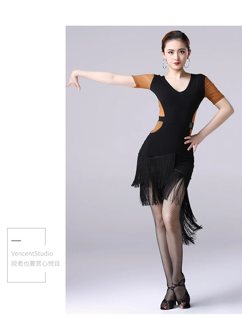 Latin Dance Dress Adult Female Sexy V-Neck Fringed Short Sleeve Dresses For Women'S Ballroom Samba Practice Dance Clothes DL3988