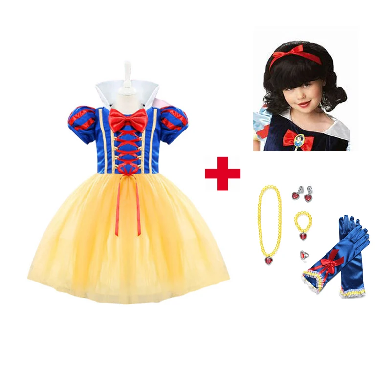 dress wig gloves 1 Платье Белоснежки для девочек; Детский карнавальный костюм принцессы на Хэллоуин с париком; платье с рукавами-фонариками; нарядная одежда - Цвет: dress wig gloves 1