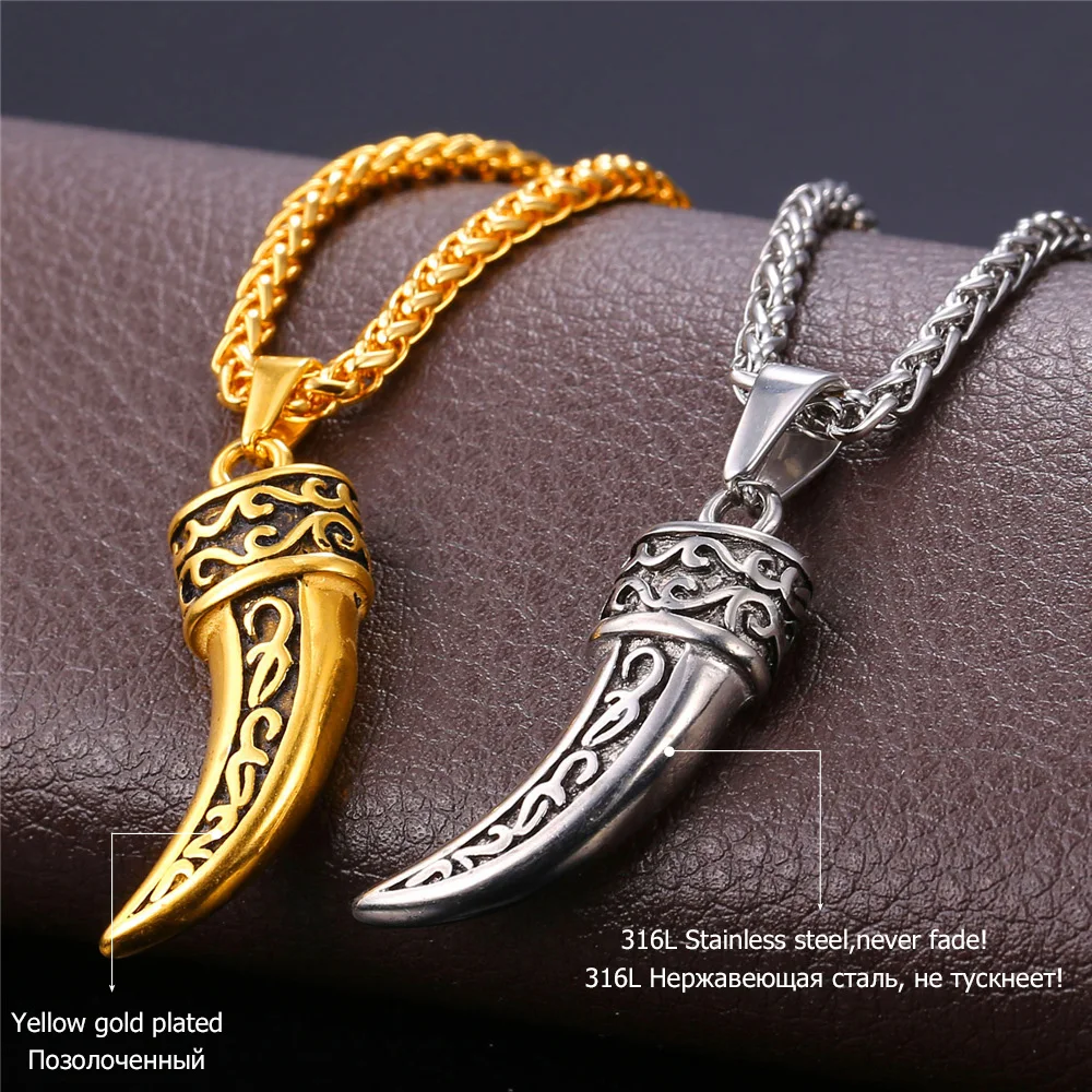 U7 Punk Rock Jewelry Wolf Teeth Men Necklace Gold Color Necklaces &amp Pendants Stainless Steel Chain P746 | Украшения и