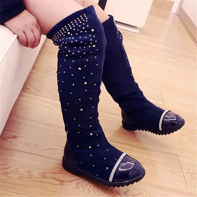 single boots blue Модные стразы; Сапоги выше колена для девочек; высокие сапоги принцессы; сезон осень-зима; детские сапоги на нескользящей резиновой подошве; детская обувь - Цвет: single boots blue